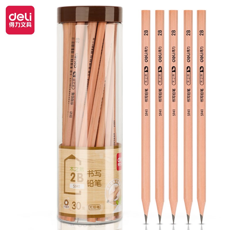 得力(deli)木世界系列2B六角笔杆书写绘画素描铅笔 30支/桶S941-2B