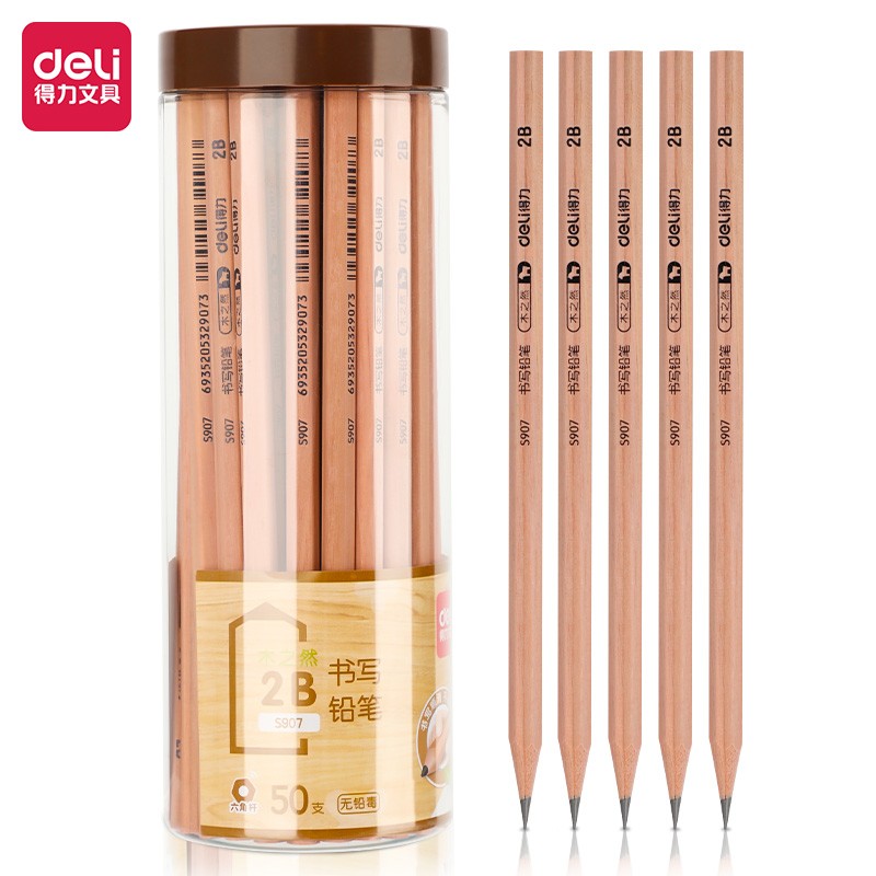 得力(deli)木世界系列六角笔杆原木2B铅笔考试专用学生铅笔 50支/桶S907