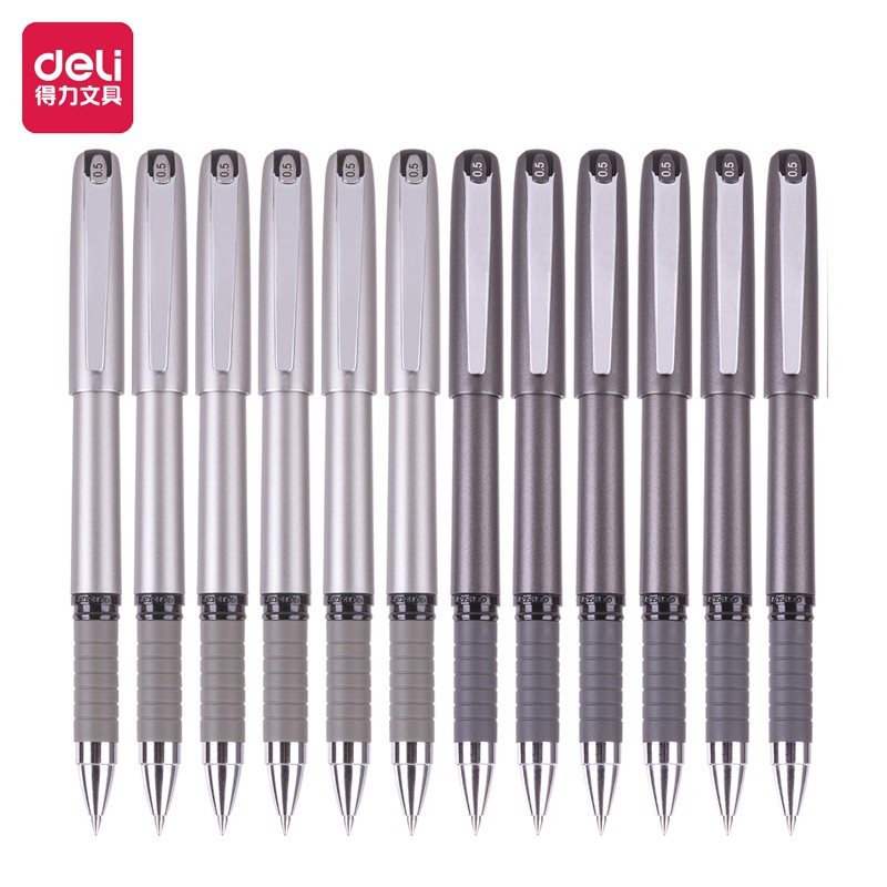 得力(deli)0.5mm黑色中性笔水笔签字笔 金属质感软胶握手12支/盒S25