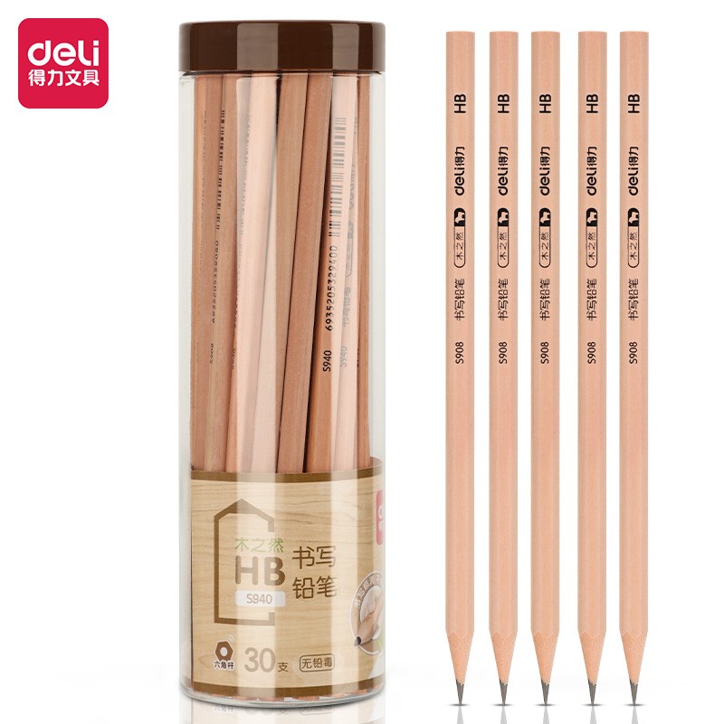 得力(deli) S940 木世界系列HB六角笔杆书写绘画素描铅笔 30支/桶