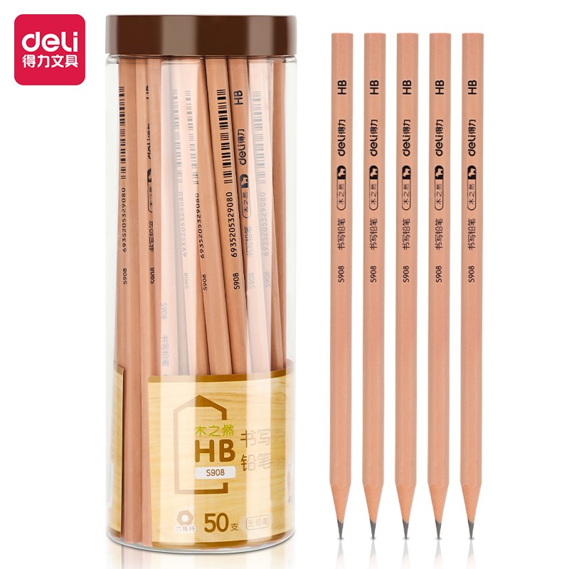 得力(deli)木世界系列六角笔杆原木HB铅笔素描绘图学生铅笔 50支/桶S908