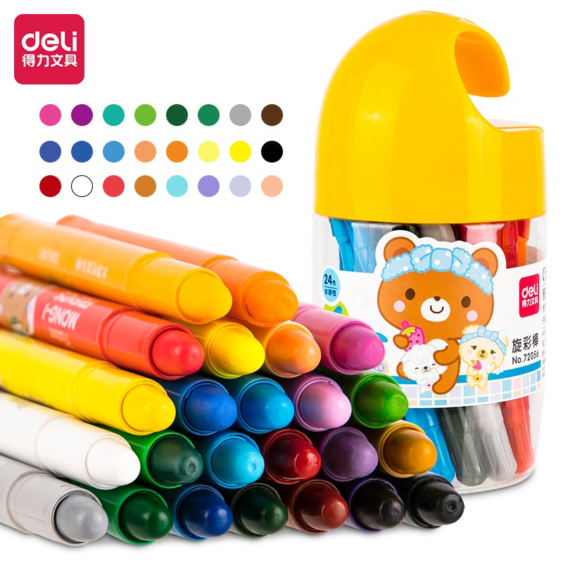 得力(deli)24色桶装学生水溶性旋转油画棒 儿童可水洗蜡笔绘画笔炫彩棒72056